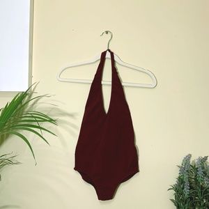 Burgundy V-Neck Halter Bodysuit